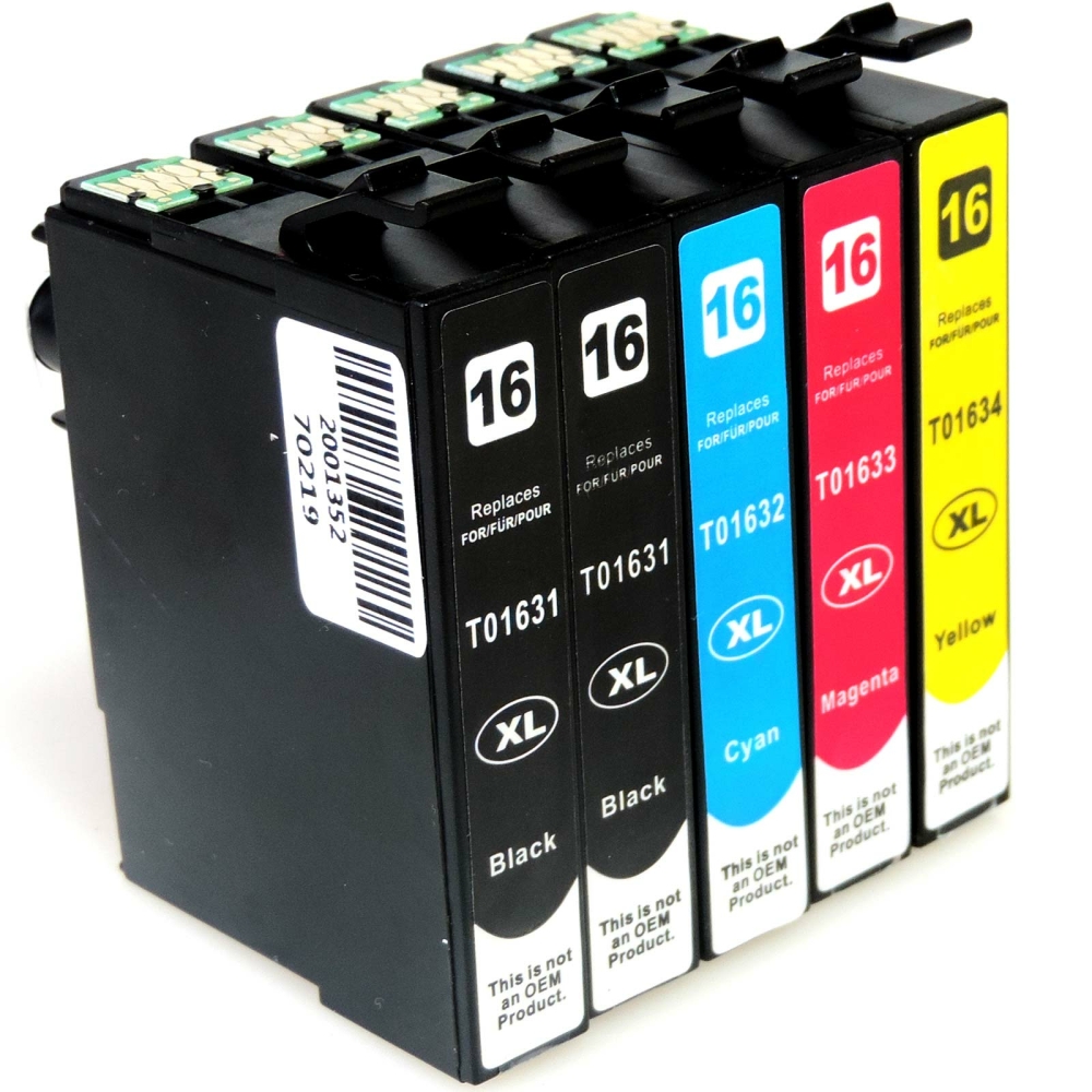 Kompatibel 5er Set Epson 16XL, F&uuml;ller, T1636, C13T16364010 Druckerpatronen Tinte 2x Schwarz und je 1x Cyan, Magenta und Gelb von D&C
