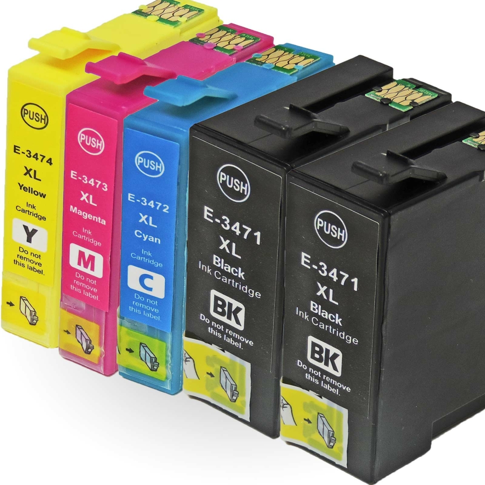 Kompatibel 5er Set Epson Golfball, T3476, 34XL, C13T34764010 Druckerpatronen Tinte 2x Schwarz und je 1x Cyan, Magenta und Gelb von D&C
