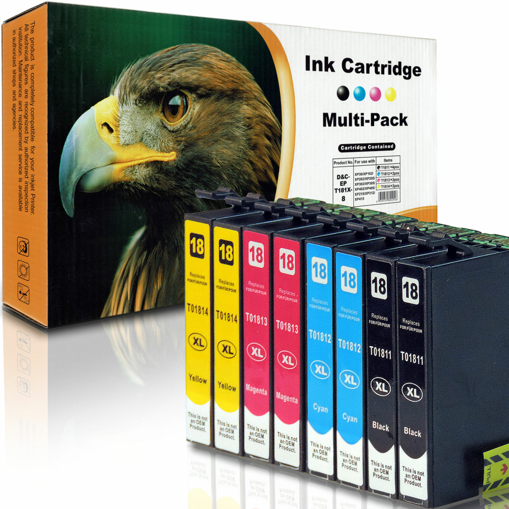 Kompatibel 8er Set Epson G&auml;nsebl&uuml;mchen, T1816, 18XL, C13T18164010 Druckerpatronen Tinte von D&C